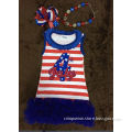 2015 hot SELL red &white stripe dress 4th of July baby girl dress with matching necklace and bow